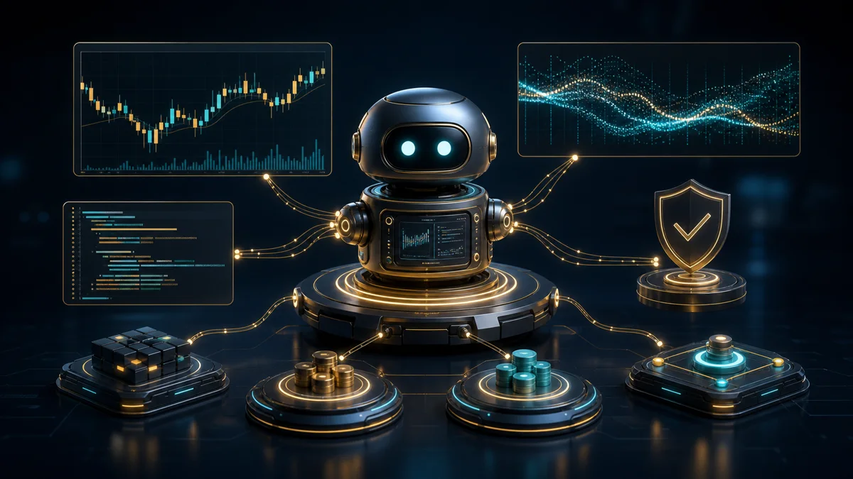 Ilustrasi sistem trading bot crypto Freqtrade dan analisis data pasar